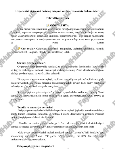 ovqatlanish gigiyenasi fanining maqsadi vazifalari va asosiy tushunchalari — DOCX
