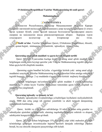 oʻzbekiston respublikasi vazirlar mahkamasining 66 sonli qarori — DOCX
