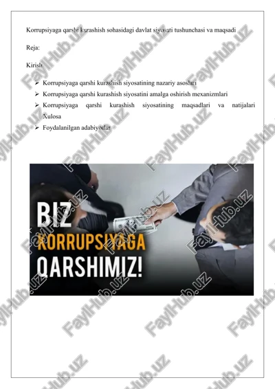 korrupsiyaga qarshi kurashish sohasidagi davlat siyosati tushunchasi va maqsadi — DOCX
