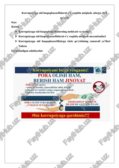 korrupsiyaga oid huquqbuzarliklarni o’z vaqtida aniqlash, ularga chek qo’yish — DOCX