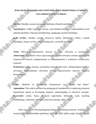 oksidlar, asoslar mavzusida tajribalar o'tkazish metodikasi — DOCX