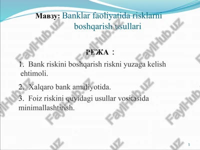banklar faoliyatida risklarniboshqarish usullari — PPTX