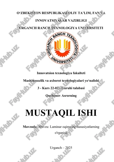 laminar oqimning hususiyatlarning o'rganish — DOCX