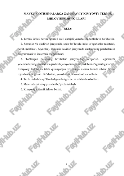 qotishmalarga zamonaviy kimyoviy termik ishlov berish yo’llari — DOCX