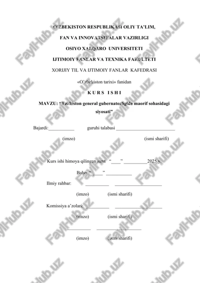 turkiston general gubernatorligida maorif sohasidagi siyosati kurs ishi — DOCX