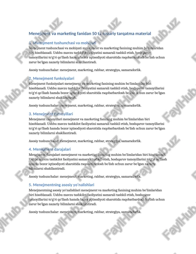 menejment va marketing fanidan 50 ta nazariy tarqatma material — DOCX
