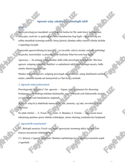 agressiv xulq: sabablari va psixologik tahlil — DOCX