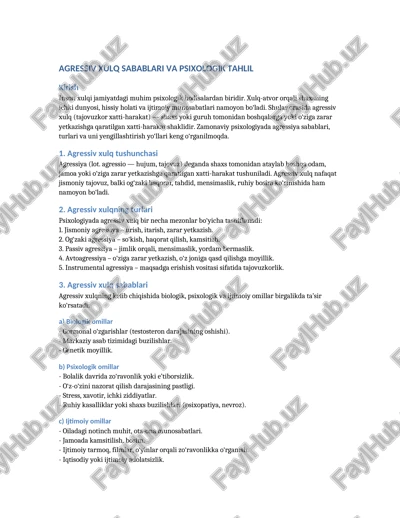 agressiv xulq sabablari va psixologik tahlil — DOCX
