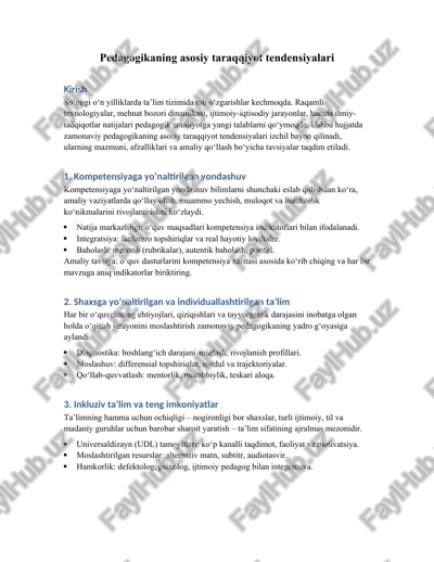 pedagogikaning asosiy taraqqiyot tendensiyalari — DOCX