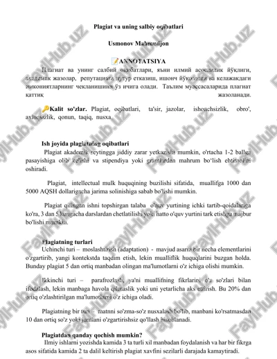 plagiat va uning salbiy oqibatlari — DOCX