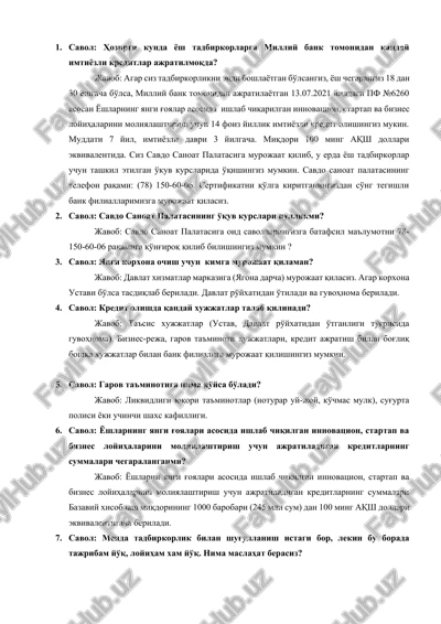 bank sohasidagilar uchun savol javob — DOCX