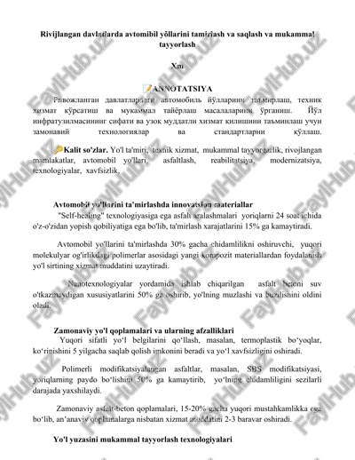 avtomobil yo'llari ta'mirlash va saqlash — DOCX