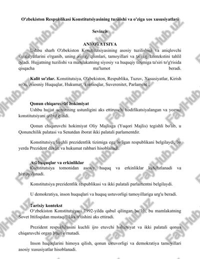 o'zbekiston respublikasi konstitutsiyasining tuzilishi va o'ziga xos xususiyatlari — DOCX