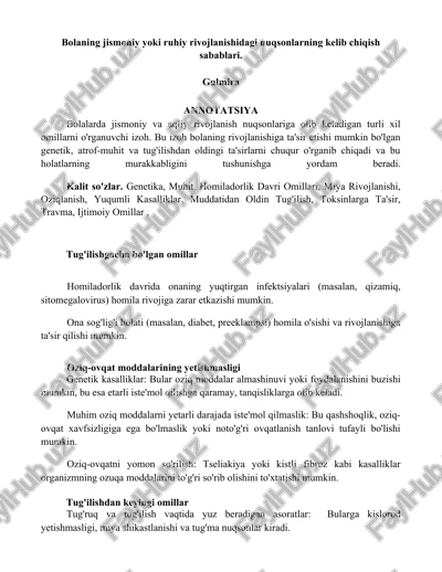 bolaning jismoniy yoki ruhiy rivojlanishidagi nuqsonlarning kelib chiqish sabablari — DOCX