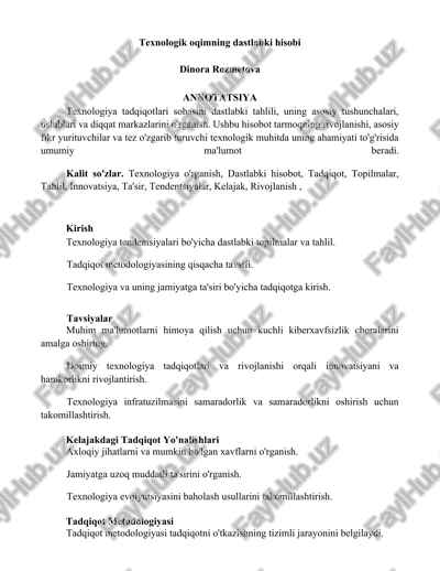 texnologik oqimning dastlabki hisobi — DOCX