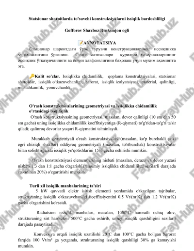 statsionar sharoitlarda to'suvchi konstruksiyalarni issiqlik bardoshliligi — DOCX