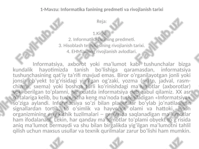 informatika fanining predmeti va rivojlanish tarixi — PPT