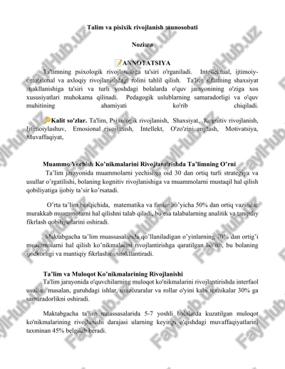talim va pisixik rivojlanish munosobati — DOCX