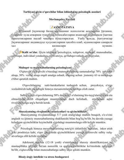 tarbiyasi qiyin oʻquvchilar bilan ishlashning psixologik asoslari — DOCX