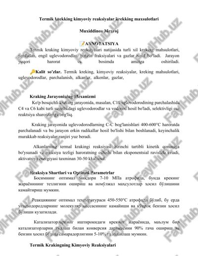 termik krekking kimyoviy reaksiyalar krekking maxsulotlari — DOCX