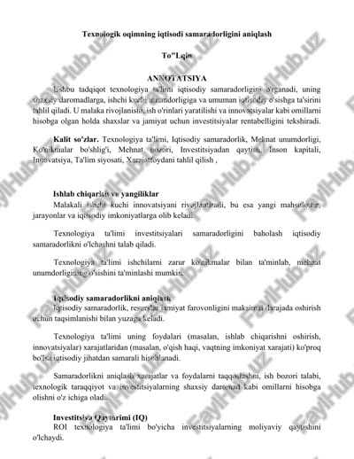 texnologik oqimning iqtisodi samaradorligini aniqlash — DOCX