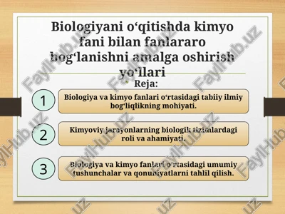 biologiyani o‘qitishda kimyo fani bilan fanlararo bog‘lanishni amalga oshirish yo‘llari — PPTX