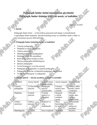 pedagogik fanlar tizimi (mazmunan qiyoslash) — DOCX