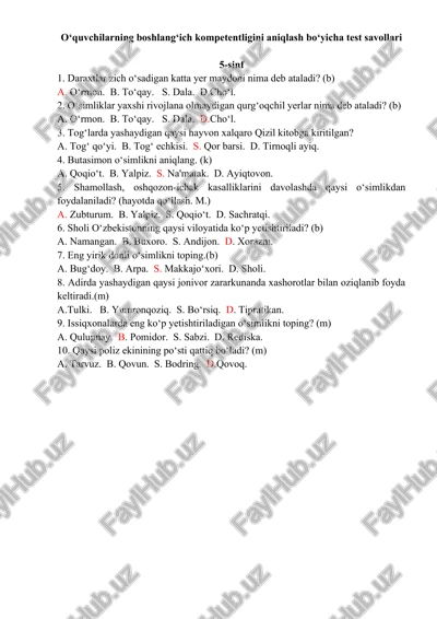 o‘quvchilarning biologiya fanidan boshlang‘ich kompetentligini aniqlash bo‘yicha test savollari — PDF
