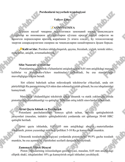 porshenlarni tayyorlash texnologiyasi — DOCX