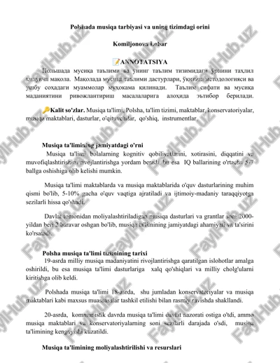 polshada musiqa tarbiyasi va uning tizimdagi orini — DOCX