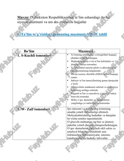 o‘zbekiston respublikasining ta’lim sohasidagi davlat siyosati mazmuni va uni aks ettiruvchi hujjatlar — DOCX