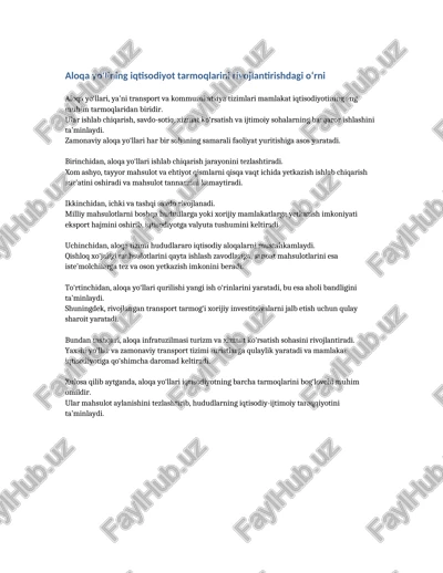 aloqa yo‘llari va ularning iqtisodiyot tarmoqlari — DOCX