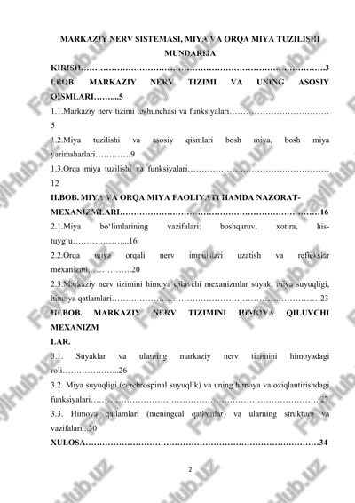 markaziy nerv sistemasi, miya va orqa miya tuzilishi — DOCX