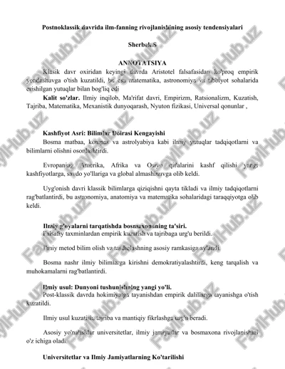 postnoklassik davrida ilm-fanning rivojlanishining asosiy tendensiyalari — DOCX