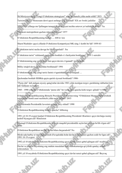 o'zbekistonning eng yangi tarixi fanidan test savollari — PDF