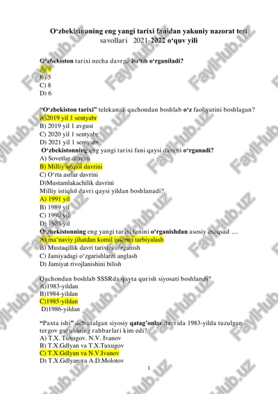o'zbekistonning eng yangi tarixi fanidan test savollari — PDF