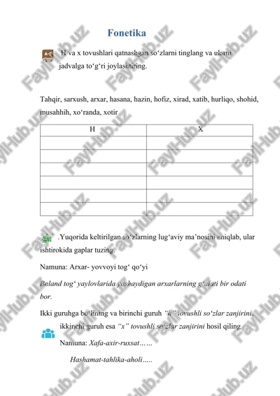 fonetika - imlo, fonetika - talaffuz, leksikologiya, mustaqil so'zlar, yordamchi so'zlar, oraliqdagi so'zlar — DOCX