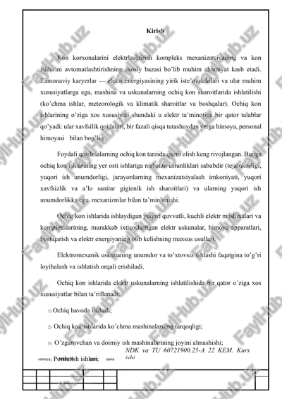 elektrlashtirish kompleks mexanizatsiya va kon ishlarini avtomatlashtirishning ahamiyat kasbi. — DOCX