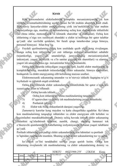 ochiq kon ishlarining yer osti ishlariga nisbatan ustunliklari haqida kurs loyihasi. — DOCX