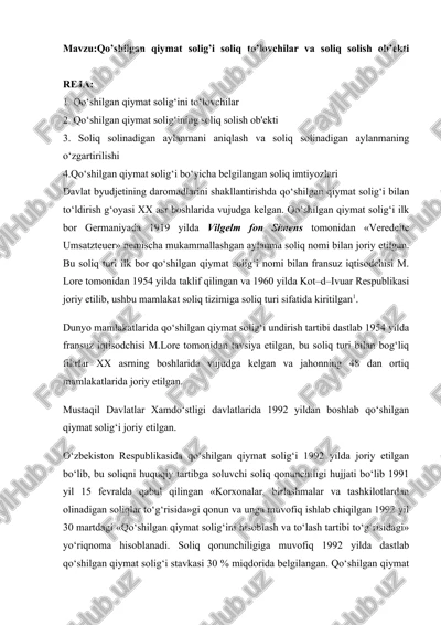 qo’shilgan qiymat solig’i soliq to’lovchilar va soliq solish ob’ekti. — DOC