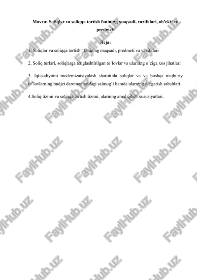 soliqlar va soliqqa tortish fanining maqsadi, vazifalari, ob’ekti va predmeti — DOCX