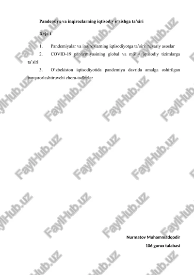pandemiya va inqirozlarning iqtisodiy o‘sishga ta’siri — DOCX