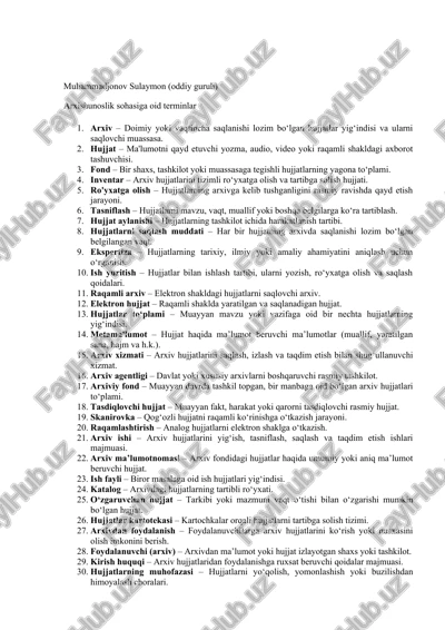 arxishunoslik sohasiga oid terminlar — DOCX