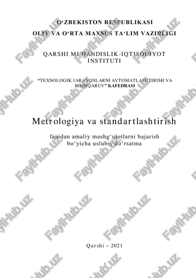 "metrologiya va standartlashtirish" fanidan amaliy mashg’ulotlarni bajarish uchun uslubiy ko’rsatma — PDF