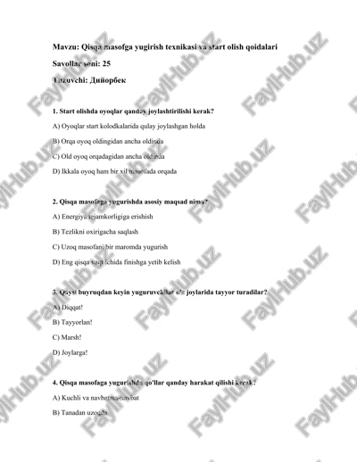 qisqa masofga yugirish texnikasi va start olish qoidalari — DOCX