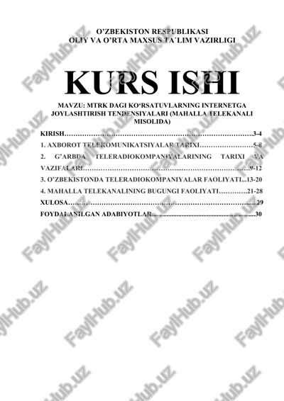 mtrk dagi koʻrsatuvlarning internetga joylashtirish tendensiyalari (mahalla telekanali misolida) — DOC