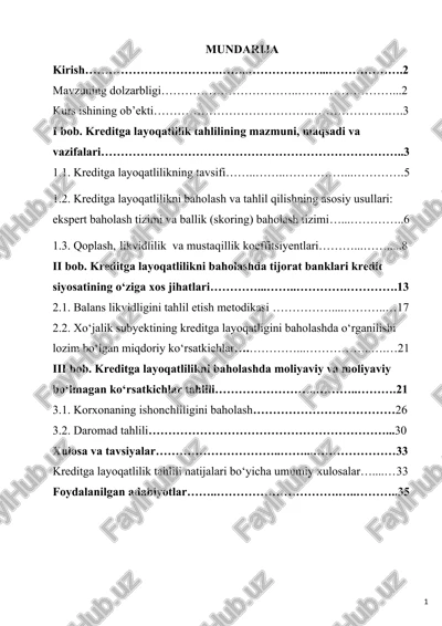 kreditga layoqatlilikni baholashda tijorat banklari kredit siyosati — DOCX