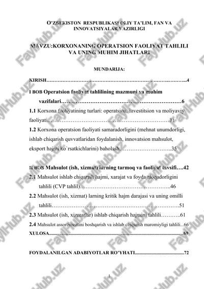 korxonaning operatsion faoliyat tahlili va uning muhim jihatlari — DOC