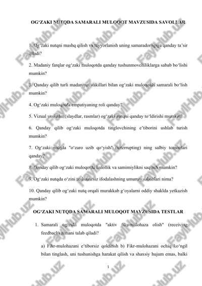 ogʻzaki nutqda samarali muloqot mavzusida testlar — DOCX