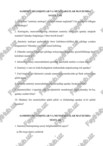 samimiy muloqotlar va munosabatlar mavzusida savollar — DOCX